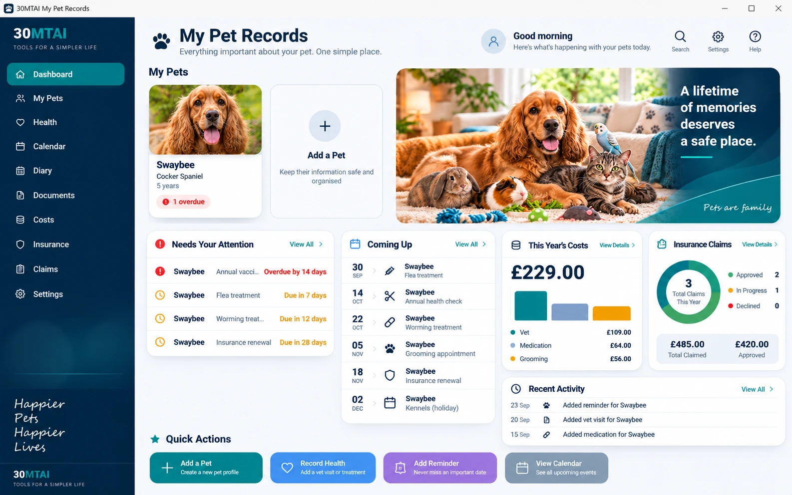 The My Pet Records dashboard for the demo pet Swaybee, showing My Pets, Needs Your Attention, Coming Up, This Year's Costs, Insurance Claims, Recent Activity and Quick Actions.