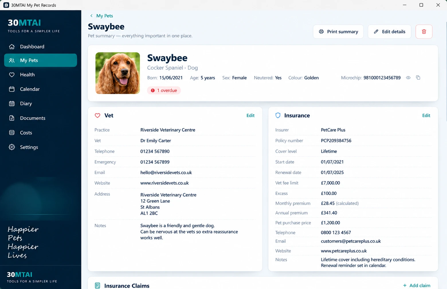 The My Pet Records pet summary for the demo pet Swaybee, a golden Cocker Spaniel, showing profile details, Vet and Insurance information, Insurance Claims, and the Print summary and Edit details buttons.